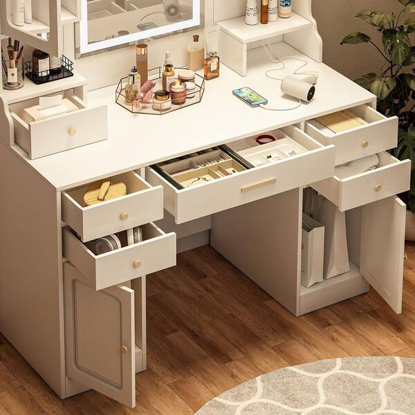Homy Casa DPCH 6-Drawers Snow White Makeup Vanity Table Dressing Table with  Extra Large Mirror Storage Cabinets and Golden Handle DPCH-WH
