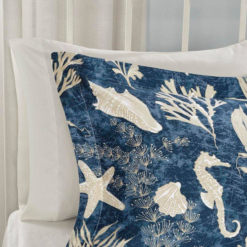 Blue Coastal Cotton Queen Comforter Set with Embroidered Details