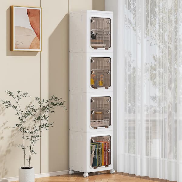 4-Tier Stackable Storage Cabinet Set with Clear Doors and Wheels, 65.3 in. Foldable Bathroom Organizer Tower, White