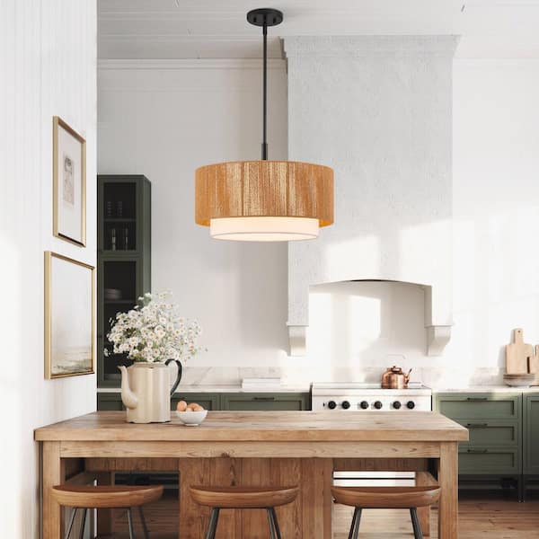 1-Light Black Pendant Light with Rattan Shade and Fabric Shade