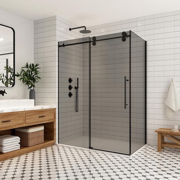 ROSWELL Echarri 56 in. W x 78 in. H Rectangle Sliding Frameless Corner Shower Dooe Enclosure in Matte Black with Tinted Glass