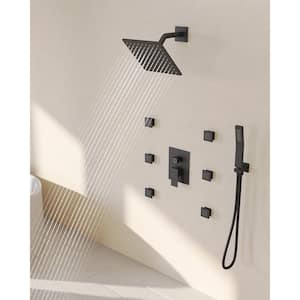 10 in. 3-Spray Square Wall Bar Shower Kit with Hand Shower, 6-Body Jets in Matte Black (Valve Included)
