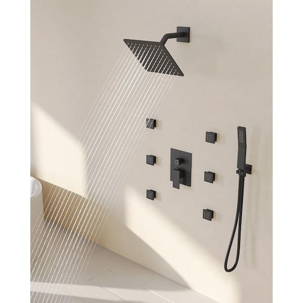 GRANDJOY 10 in. 3-Spray Square Wall Bar Shower Kit with Hand Shower, 6-Body Jets in Matte Black (Valve Included)