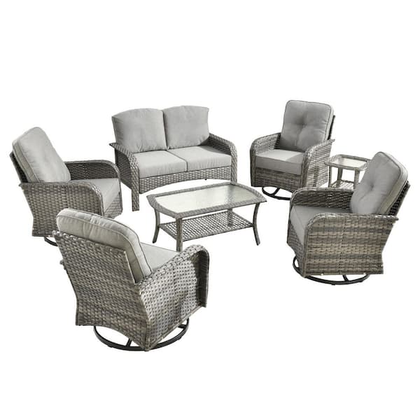 Denali Gray 8-Piece Wicker Patio Conversation Sofa Seating Set with Swivel Rocking Chairs and Dark Gray Cushions