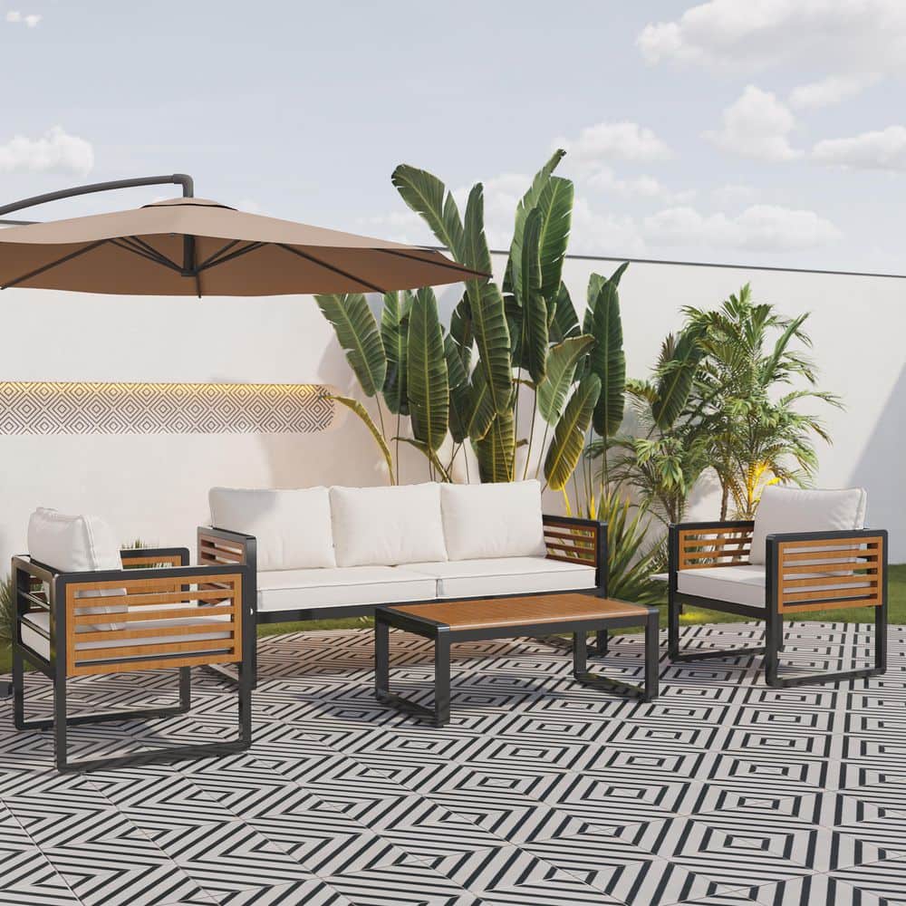 4-Piece Acacia Wood and Metal Patio Conversation Set with Beige Cushions