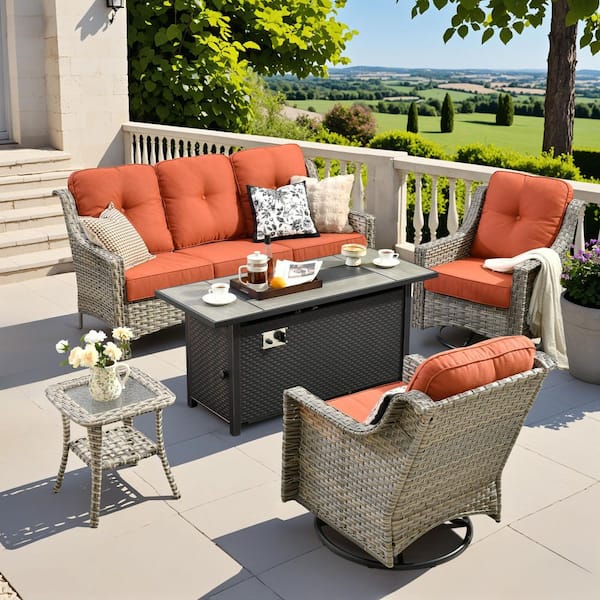 XIZZI Blanche 5-Piece Wicker Patio Rectangular Fire Pit Set with Orange Red Cushions and Swivel Rocking Chairs