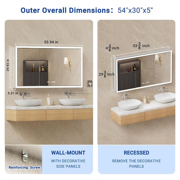 Elega 54 in. W x 30 in. H Rectangular Aluminum Recessed/Wall Mount Dimmable Fogless Lighted Medicine Cabinet with Mirror
