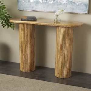 47 in. Brown Extra Large Oval Mango Wood Handmade Oval Console Table with Ribbed Legs