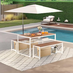 Natural Rectangle Plastic Wood Picnic Table Dining Table Set with 2 Bench Seats and Umbrella Hole Patented