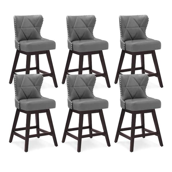 OrangeOne Zola 26 in. Dark Gray Wood Frame Counter Bar Stool Faux Leather Upholstered Swivel Bar Stool Set of 6