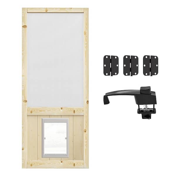 32 in. x 80 in. Universal Unfinished Pine Gauze Mesh Screen Door with Pet Access and Lock-Hinged Rustic Style