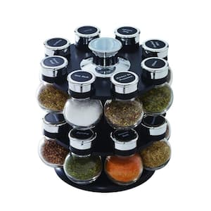 Revolving 2-Shelf Spice Rack with Lift and Pour Caps, Spices Included, Black and Chrome