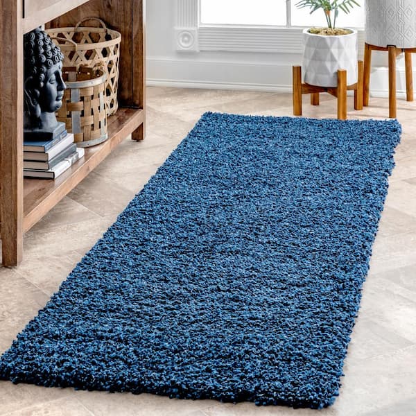 Navy Fluffy Rugs for BedroomSuper Soft Shaggy Navy Blue RugStriped Runners 