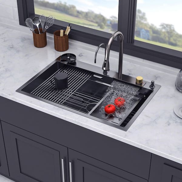 33 in. L x 22 in. W Drop-In Single Bowl 16-Gauge Stainless Steel Kitchen Sink in Gunmetal Black with Faucet