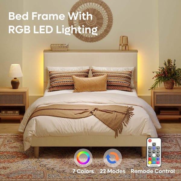Beige Wood Frame King Size Velvet Upholstered Platform Bed Frame with Storage Headboard and LED Lights