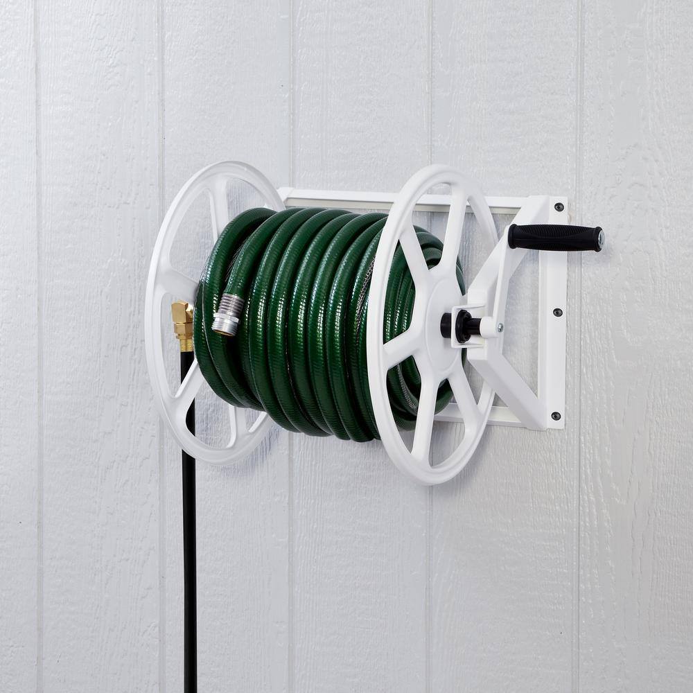 200 ft. White Steel Dual Mount Wall Mounted Garden Hose Reel