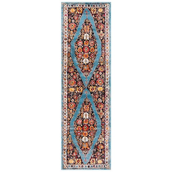 Vintage Hamadan 2 ft. x 8 ft. Blue/Black Geometric Medallion Runner Rug