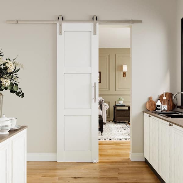 EH PUERTA 24 in. x 80 in. White Primed 3 Lite Pattern Paneled MDF Sliding Barn Door with Hardware Kit Nickel Plated