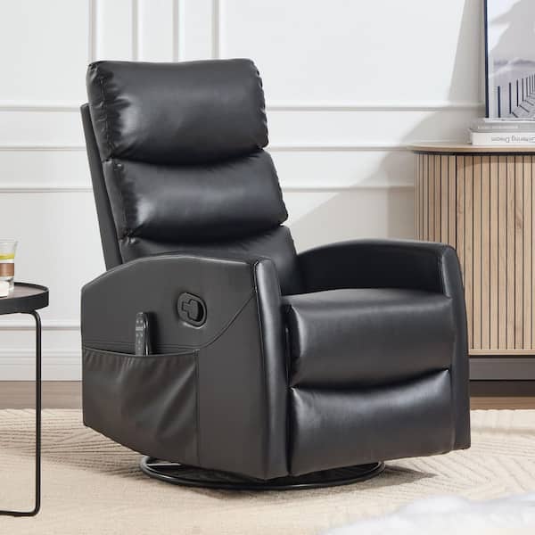 Black PU Leather Manual Swivel Recliner Rocker Chair with Massage and Heat, Side Pocket