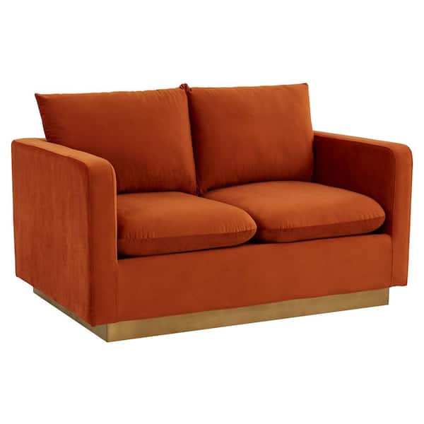 Leisuremod Nervo 55" Mid-Century Modern Upholstered Velvet 2-Seater Loveseat With Gold Frame in Orange Marmalade