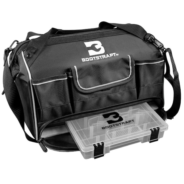 BOOTSTRAPT 18 in. Contractor's Tote Bag with Integrated Parts Bin Compartment and Waterproof Rain Cover, Black