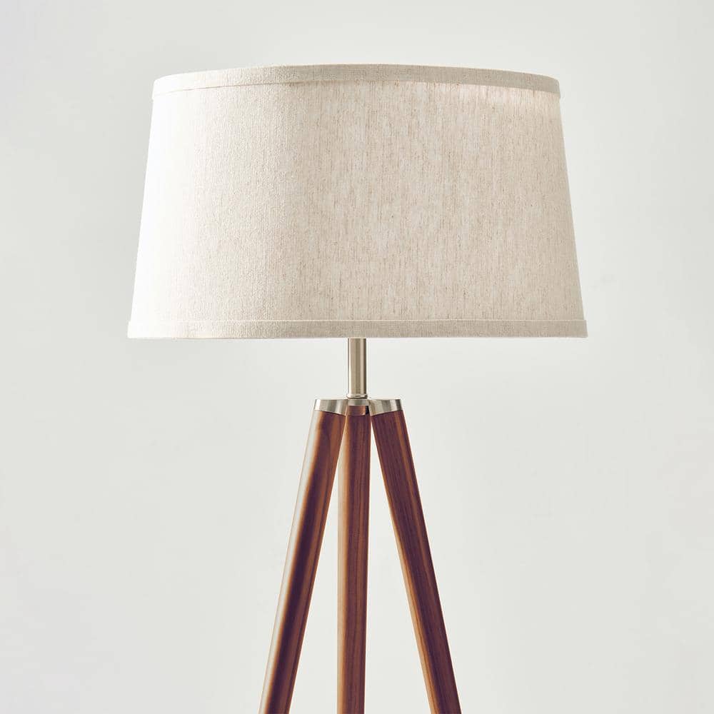 Walnut Brown Tripod Floor Lamp with White Fabric Shade