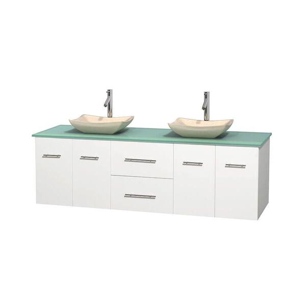 Wyndham Collection Centra 72 in. Double Vanity in White with Glass Vanity Top in Green and Sinks