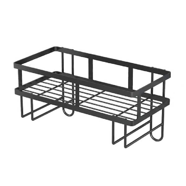 Tileon 12 in. W x 6 in. H x 6 in. D Black Over-the-Toilet Storage Multifunctional Toilet Rack with Adhesive Base and Hooks