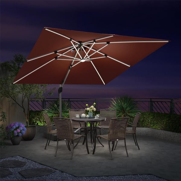 PURPLE LEAF 10 ft. Square Aluminum Solar Powered LED Patio Cantilever Offset Umbrella with Base, Brick Red