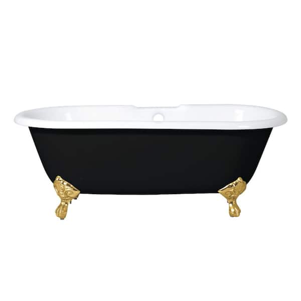 Aqua Eden 66 in. x 30.1 in. Cast Iron Oval Clawfoot Soaking Bathtub in Black/White/Brushed Brass