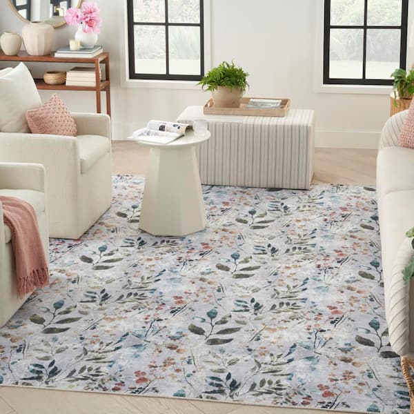 Washables Grey Multicolor 5 ft. x 7 ft. Botanical Traditional Area Rug