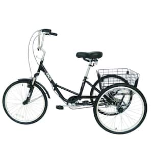 24 in. Black Steel Portable Cruiser Bicycles with Shopping Basket and 3-Wheels
