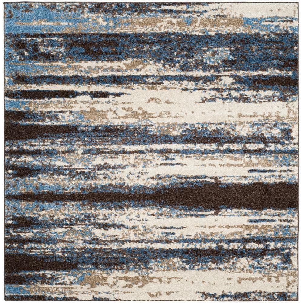 Cream and Blue Abstract Hand-Knotted Shag Rug, 6' x 6'