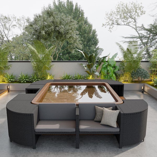 HomeAura Black Rattan Outdoor Sectional Set with Gray Cushions