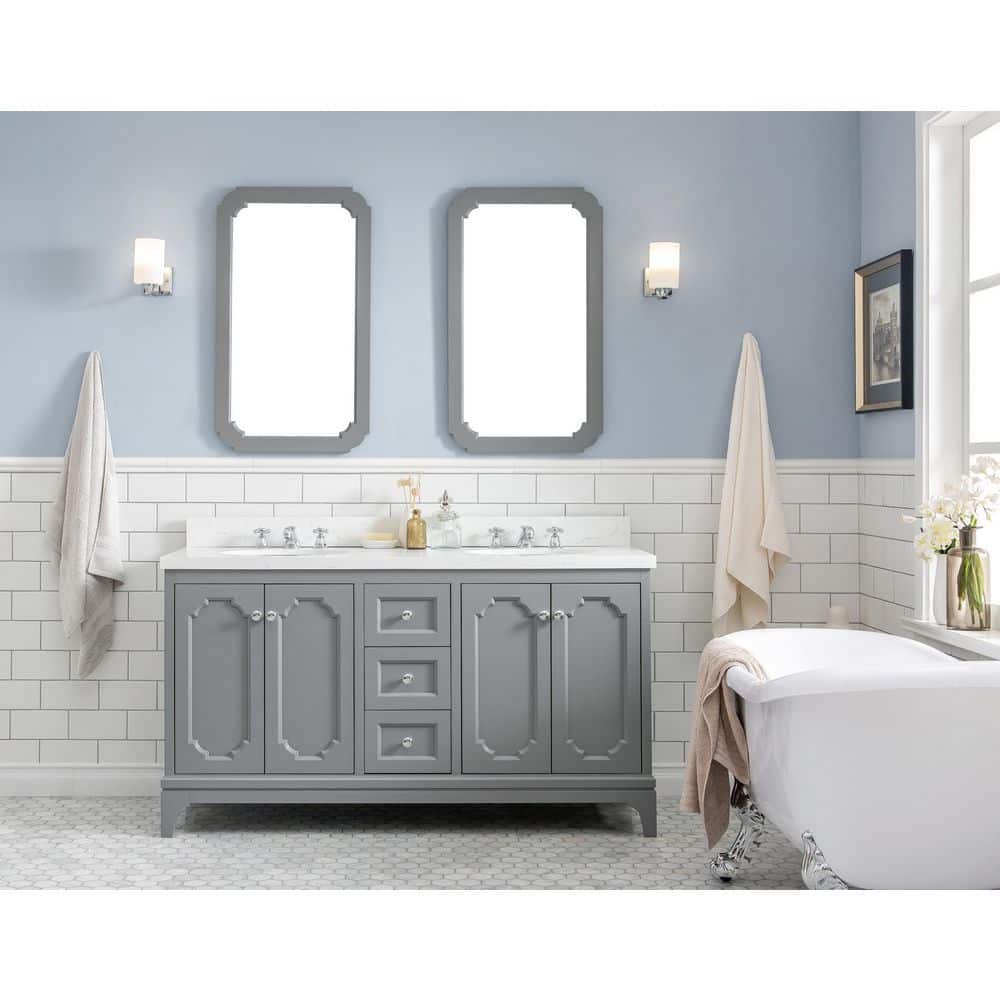 Queen 60 in. Cashmere Grey With Quartz Carrara Vanity Top With Ceramics White Basins and Mirror price history on PriceWatchPro