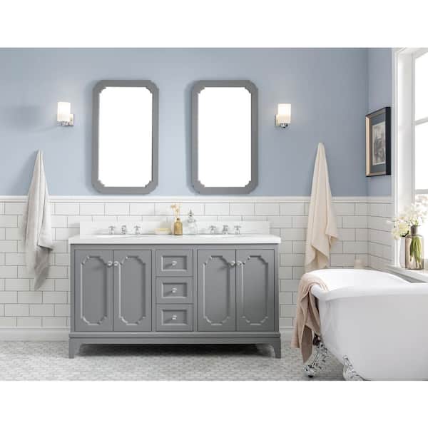 Water Creation Queen 60 in. Cashmere Grey With Quartz Carrara Vanity Top With Ceramics White Basins and Mirror