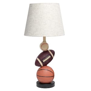 22 in. Brown Tan Orange Basketball, Baseball, Football Table Desk Lamp with Light Beige Tapered Drum Fabric Shade