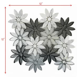 Hollywood Regency Calacatta and Gray Flower Mosaic 4 in. x 4 in. Glass and Marble Decorative Wall Tile (10 sq. ft./Case)