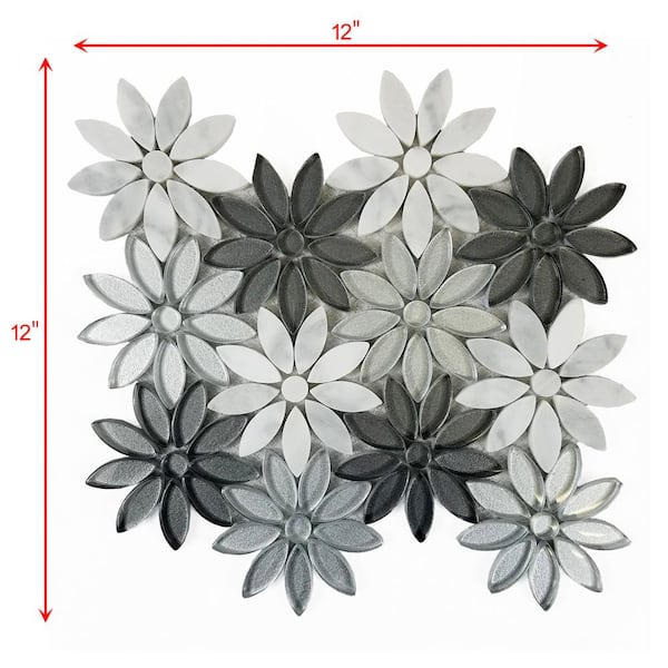 ABOLOS Hollywood Regency Calacatta and Gray Flower Mosaic 4 in. x 4 in. Glass and Marble Decorative Wall Tile (10 sq. ft./Case)