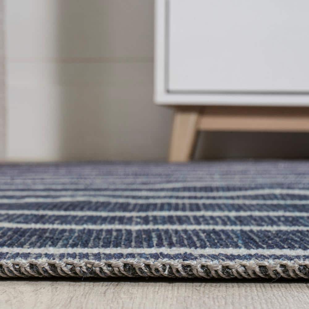 Ivory and Navy Striped 8' x 10' Machine-Washable Rug