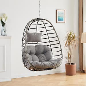 Gray Wicker Patio Swing Hanging Egg Chair with Gray Cushion