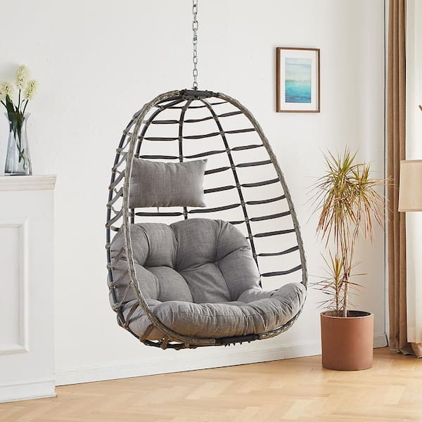 Pocassy Gray Wicker Patio Swing Hanging Egg Chair with Gray Cushion