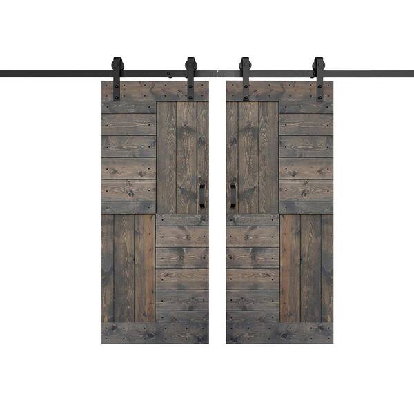 ISLIFE S Series 72 in. x 84 in. Smoky Gray Finished DIY Solid Wood Double Sliding Barn Door with Hardware Kit