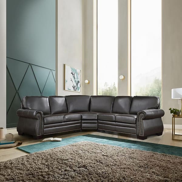 Foxcroft 88 in. Rolled Arm 3-piece Leather Sectional Sofa in Dark Brown