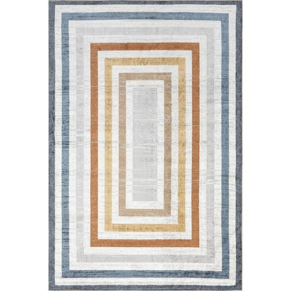 Lilac Striped Bordered Washable Multicolor 6 ft. x 6 ft. Indoor Area Rug