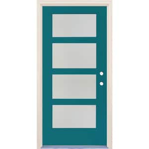 36 in. x 80 in. Left-Hand/Inswing 4 Lite Satin Etch Glass Reef Painted Fiberglass Prehung Front Door with 4-9/16" Frame