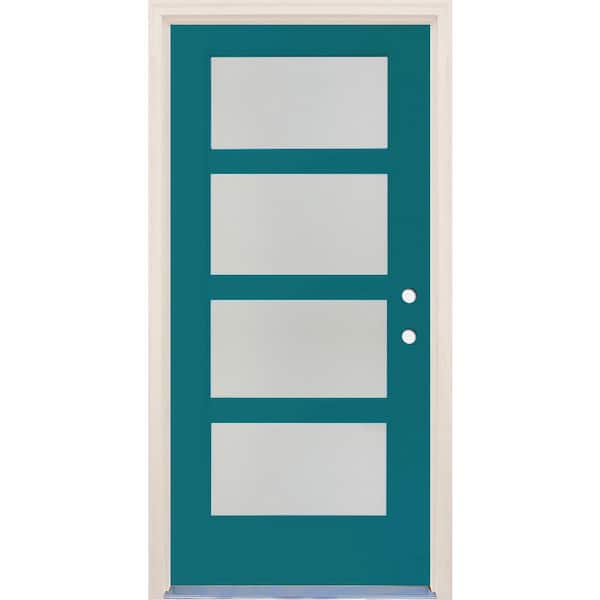 Builders Choice 36 in. x 80 in. Left-Hand/Inswing 4 Lite Satin Etch Glass Reef Painted Fiberglass Prehung Front Door with 4-9/16" Frame