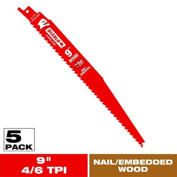 9 in. 4/6 TPI Bi-Metal Reciprocating Saw Blades for Nail-Embedded Wood Cutting (5-Pack) with Bonus 9 in. Carbide Blade