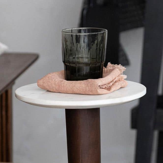 Mid-Century Modern Acacia Wood and Marble Round Accent Table