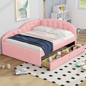 Pink Wood Frame Full Size PU Leather Upholstered Daybed with 2-Drawer, Button-Tufted Cloud-Shaped Guardrail